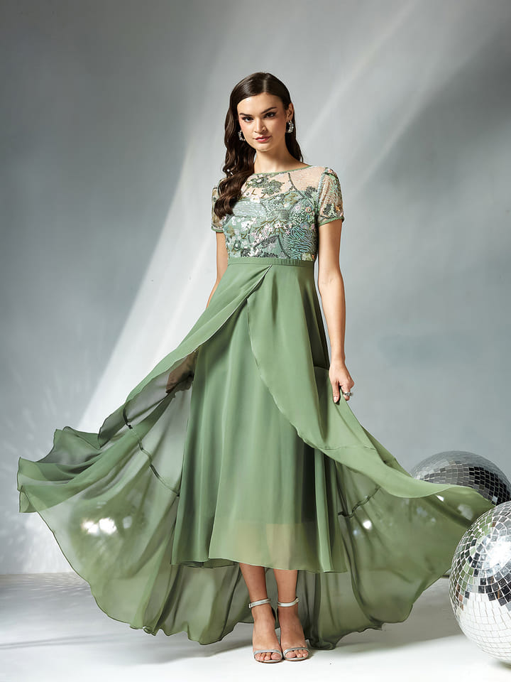 Women's Multicolored Light Green Embellished Layered Georgette Midi Dress  for Women | Wishlink