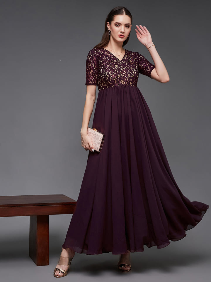 Wine V-Neck Half Sleeve Self Designed Wrap Georgette Maxi Dress for Women |  Wishlink