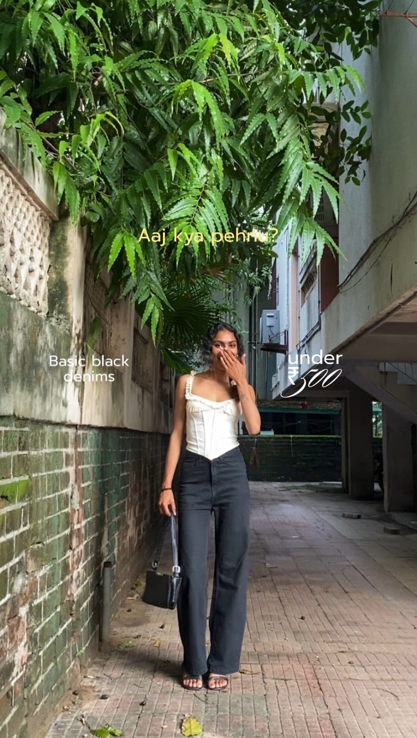 such a good pair under ₹500🤌🏻🐧🖤
🎀🪿Outfit deets:
Pants: @flipkart 
Bag: 📍law garden, Ahmedabad 
(Attaching similar link)
Top: @newme.asia 
Comment “link” for links🔔
.
.
.
.
.
#DenimUnder500 #BudgetFashion #AffordableLooks #Under500Finds #StyleOnABudget #BasicFits #SkinnyGirlStyle #NoBrainerOutfits #EffortlessLooks #MinimalStyle #ChicAndSimple #StyleMadeEasy #WardrobeBasics #OutfitInspo #explorepage✨ #trendingreelsindia #fyppppppp