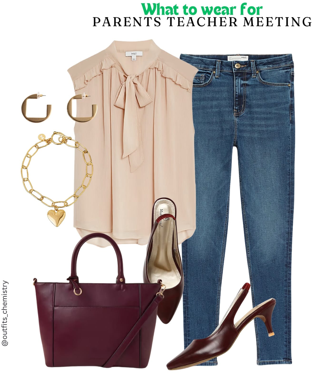 Comment links to get all products directly to your DM or head to story highlights February.
✨ Effortlessly Chic for Parent-Teacher Meeting ✨
Balancing style and comfort is key when heading to a parent-teacher meeting. This polished yet relaxed look is perfect for making a great impression while staying comfortable throughout the day.
👚 Blouse & Jeans – Marks & Spencer @marksandspencerindia 
👠 Burgundy Slingbacks – Marc Lorie @marcloire 
👜 Bag – Accessorize @accessorizeindiaofficial 
💛 Bracelet – Accessorize
📿 Earrings – Mango @mango 
The neutral-toned blouse with delicate tie detailing adds a touch of elegance, while classic denim keeps it practical. Paired with burgundy slingbacks and a structured handbag, this look is all about effortless sophistication. ✨
Would you wear this look for your next school meeting? Let us know in the comments! 💬
📌 Follow @outfits_chemistry for more chic outfit inspirations! 💖
#StyleForMoms #ChicAndClassy #PTAStyle #MomsWhoSlay #EffortlessFashion #ParentStyle #SmartCasualLook #OutfitInspo #StyleGoals #FashionDaily #WhatToWear #WardrobeGoals #ElegantStyle #CasualChic #OutfitIdeas #StyleGuide #TrendyLook #FashionLover #OOTD #StylishMom #ChicAndSimple #EverydayFashion #MarksAndSpencer #MangoFashion #Accessorize #MarcLorie #WomensFashion #FashionStyling #styleinspo