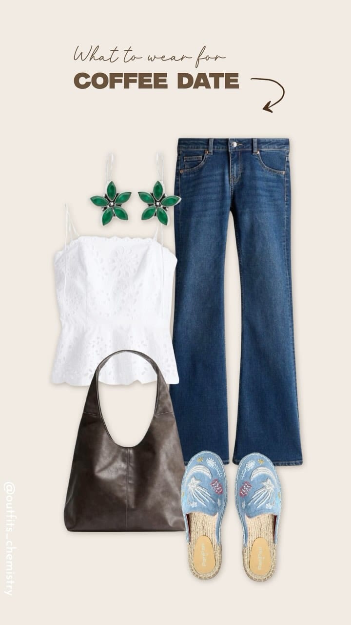 ☕️ Coffee date, but make it stylish! This look is the perfect mix of casual and chic—effortless yet put together. The white eyelet top from H&M adds a soft, feminine touch, while the flared jeans bring in that classic, relaxed vibe. The coated shoulder bag from H&M is both stylish and practical—perfect for carrying your essentials (and maybe sneaking in a book for some solo coffee time!). Finishing off the look? These embroidered espadrilles from Pari Pari, keeping it comfy yet trendy, and the El Regalo floral earrings from Myntra, adding a hint of glam.
✨ Whether it’s a first date or a catch-up with your bestie, this outfit is a winner. Would you wear this? Let us know in the comments! ⬇️
Follow @outfits_chemistry for more outfit inspo!
#CoffeeDateLook #ChicAndCasual #WeekendVibes #DenimLove #FlaredJeans #HMLook #StyleInspo #EspadrilleLover #StatementEarrings #OOTD #CasualOutfits #ModestFashion #TrendyAndComfy #StreetStyle #FashionDaily #BrunchLook #SimpleAndChic #StyleGoals #TrendyLooks #StyleForTheDay #OutfitIdeas #WomensFashion #FashionAddict #OOTDInspo #CasualChic #WardrobeGoals #ComfyAndStylish #EffortlessStyle #StyleLover #InstaFashion