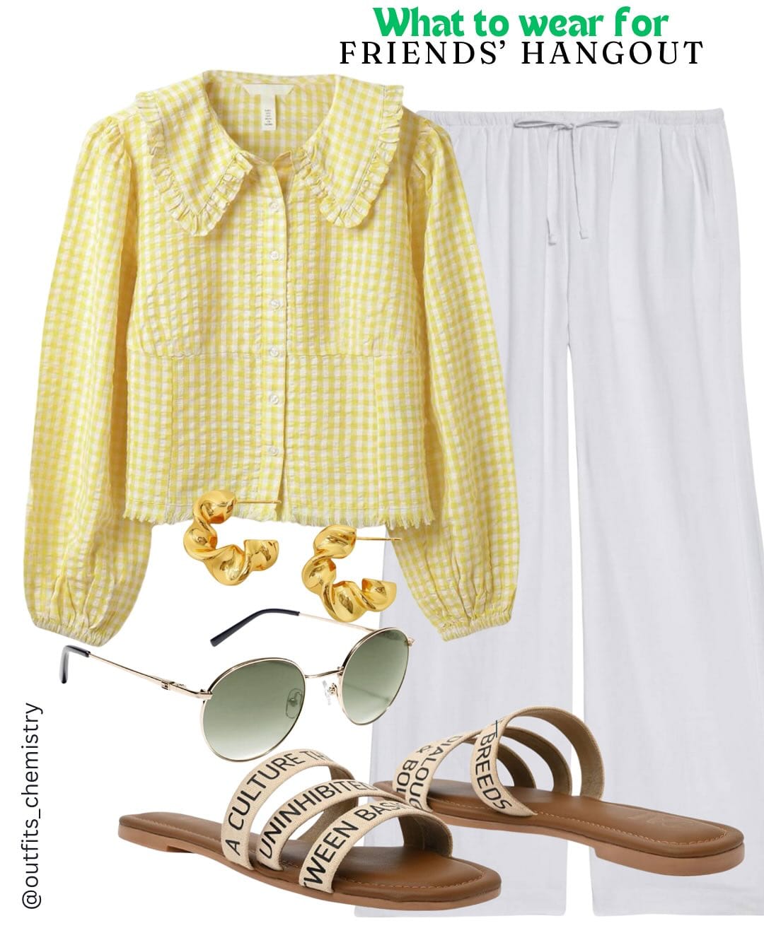 Comment for links 🔗 
Story highlights ➡️ May
“A little gingham, a lot of good energy.”
This look is all about soft charm with confident structure—
Start with a yellow gingham blouse with a statement frill collar that draws the eye up and frames your face beautifully. Tuck it just slightly into white wide-leg cotton trousers to balance volume and elongate the legs. The sliders? Intentional. They’re graphic, modern, and comfortable—ideal for walking in and owning the room.
Style tip: Keep hair soft and open or in a low pony with a middle part for polish. Add oversized round sunglasses and gold twisted hoops to play up contrast and confidence. A doodle crossbody adds an artful layer to your outfit—like your personality, equal parts playful and poised.
Confidence cue: Keep your shoulders back, your stance open, and wear that outfit like it was made for you (it was). Smile with your eyes. The outfit just follows.
[friends hangout, gingham shirt outfit, ruffle collar styling, wide leg pants, cafe girl look, weekend casual, minimalist chic, pastel outfit inspo, Gen Z aesthetic, summer cotton outfit, brunch with friends, playful accessories, outfit chemistry style, South Asian fashion, Indian casual wear, how to dress confident, comfy but stylish, slow fashion mood, dopamine outfit, effortless girl style, chic and simple look, sunny day fit, fashion with personality]