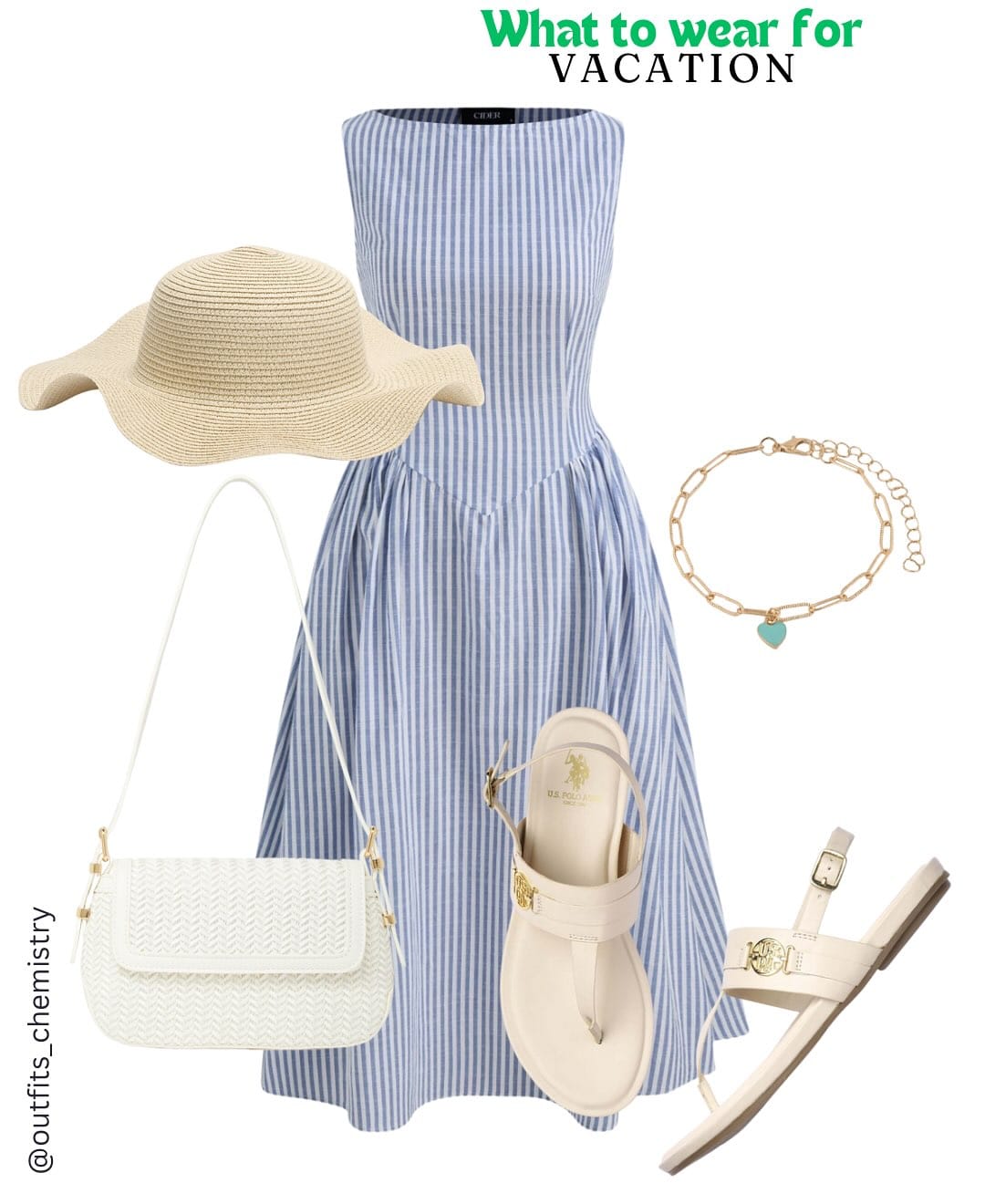 Comment for link 🔗 
Story Highlights ➡️ June, Vacation
☀️ What to wear for vacation ☀️
A sun-kissed escape calls for a look that’s as light and lovely as your mood. This blue-and-white striped midi dress gives retro coastal energy, cinching slightly at the waist for a flattering, floaty fit. Paired with nude thong sandals, a weaved white sling bag, and a wide-brimmed straw hat—this look is both practical and pretty for long strolls, café hopping, or just catching golden hour.
A dainty chain bracelet with a pop of turquoise keeps the charm alive, while the hat and flats ensure you’re holiday-ready, no matter the plan.
Follow @outfits_chemistry for more sun-ready style inspiration 🌼
[vacation outfit, coastal chic, Indian summer look, breezy midi dress, linen style, comfy holiday outfit, brunch vacation vibe, resortwear, travel outfit idea, straw hat look, effortless style, European vacation, aesthetic summer look, slow fashion, picnic outfit, weekend escape, pretty and practical, warm weather look, feminine style]