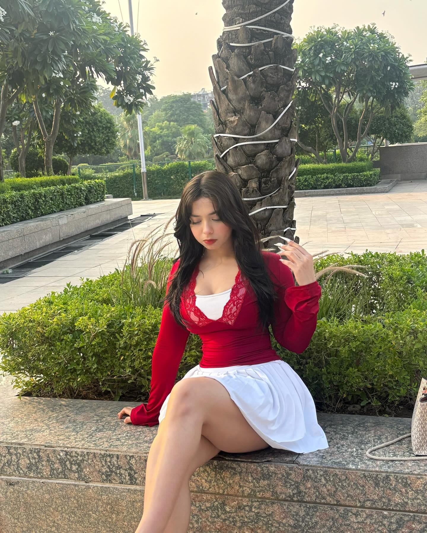red top and skirt