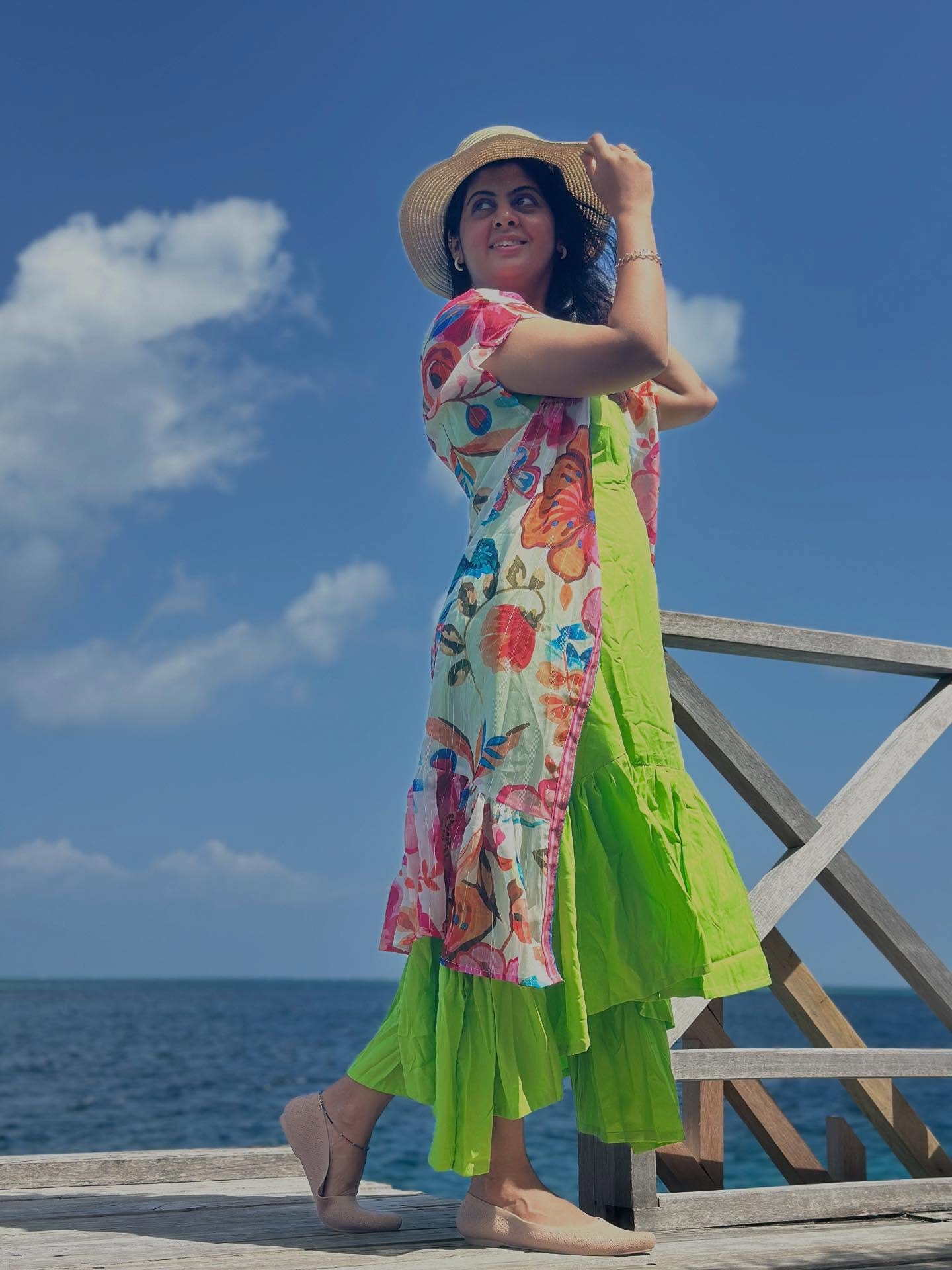 Just me, the sea, and endless memories 🌴 
Green outfit and cap @myntra 
Shrug @myzudio 
#MaldivesDiaries #BeachEscape #TravelWithSalma #cocogiriislandresort #pickyourtrial