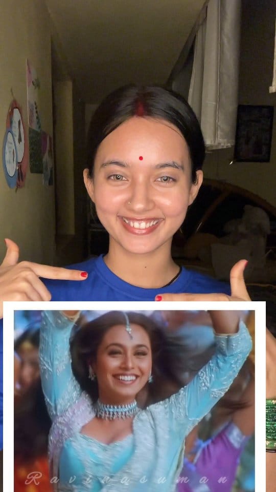 recreated @ranimukherjeeeofficial kabhi khushi kabhi gam look 💙
product details ✨️ 
Primer: @blueheavencosmetics 
foundation: @maybelline_ind 
Concelere: @officialswissbeauty 
blush : @blueheavencosmetics 
powder: @pondsindia 
Highlighter: @maccosmetics 
eyeshadow: @reachedmars 
mascara : @reachedmars 
lip liner: @reachedmars 
lipstick: @maybelline_ind 
blusher: @officialswissbeauty 
#trending #viral #fypシ゚ #navratri #navratrimakeup #makeup #recreation