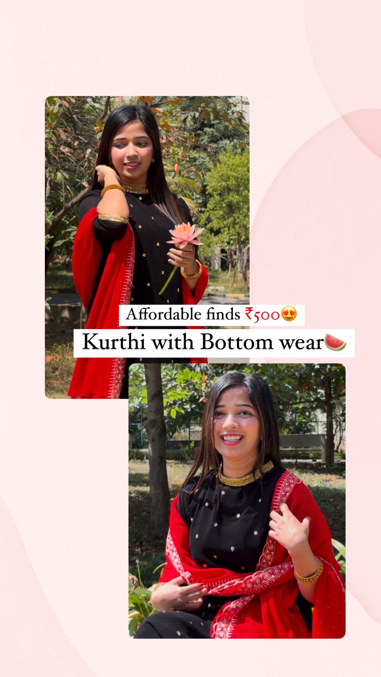 🍉Follow &Comment “LINK” to get automated link to your Message to buy this Black kurthi & Bottom wear at just around ₹500🫣💕
.
.
#shwekannadathi #lipstickcombo #affordablefinds #blurlipstic #affordablefashion #bangalore #bbk11 #orianmall #mysore #mangalore #bestdeal #under500 #kurthiunder500 #duppattaset #blackdress
.