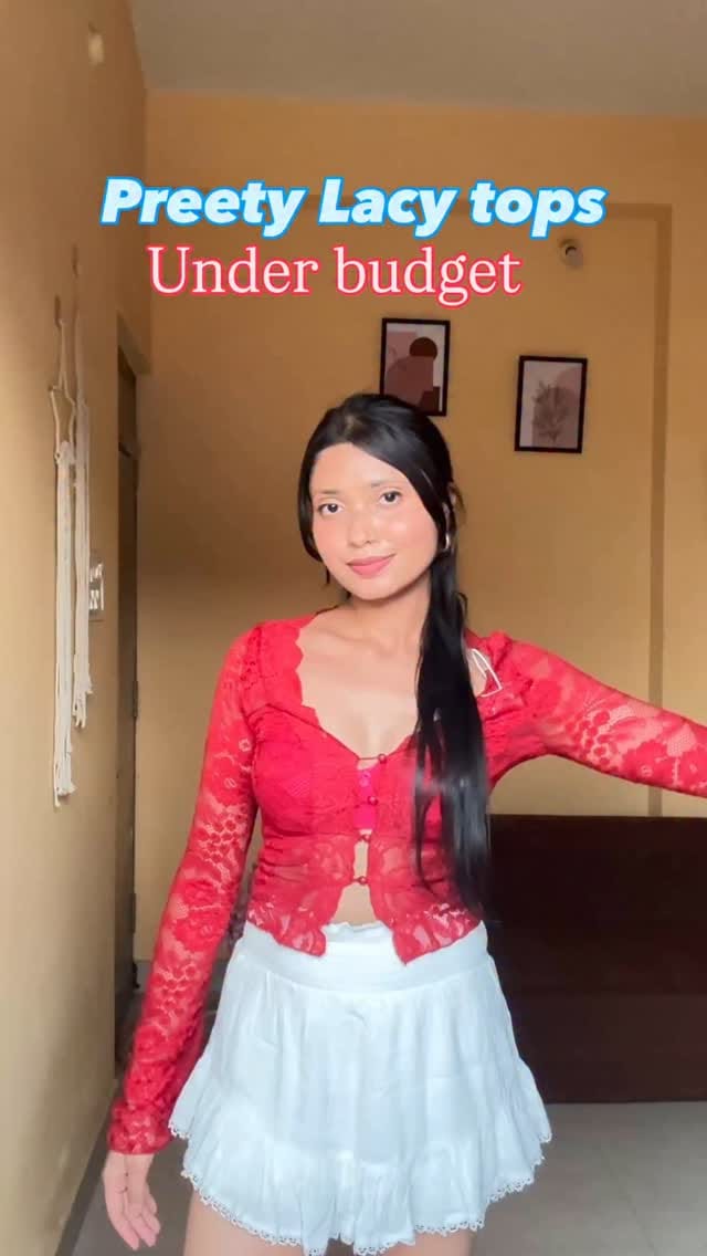 Comment for outfits links or details 
Wearing size XS in tops 
And size 26 in bottoms 
All the tops are lacy and preety you can go for any of them . 
We have to wear something neutral inside so your body won’t show .