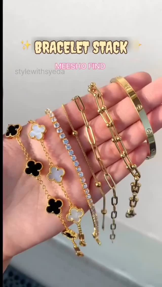 @meeshoapp anti tarnish "This is how I layer my bracelet stack—mixing textures, metals, and styles for the perfect blend! ✨ #BraceletStack 
Comment "share" to get the link 
Make sure to follow me or else insta won't allow me to send you the link dm or check your dm requests 
.
.
.
.
.
.
Meesho find, meesho haul, meesho jwellery, anti tarnish jwellery, trending brackets, clover bracelet,  meesho, trending audio, viral, explore ,explore page, viral finds, 
#meeshofashion #meeshofinds #meesho #meeshohaul #meeshobracelet #antitarnish #explorepage #trending #viral #trendingaudio #newaudio