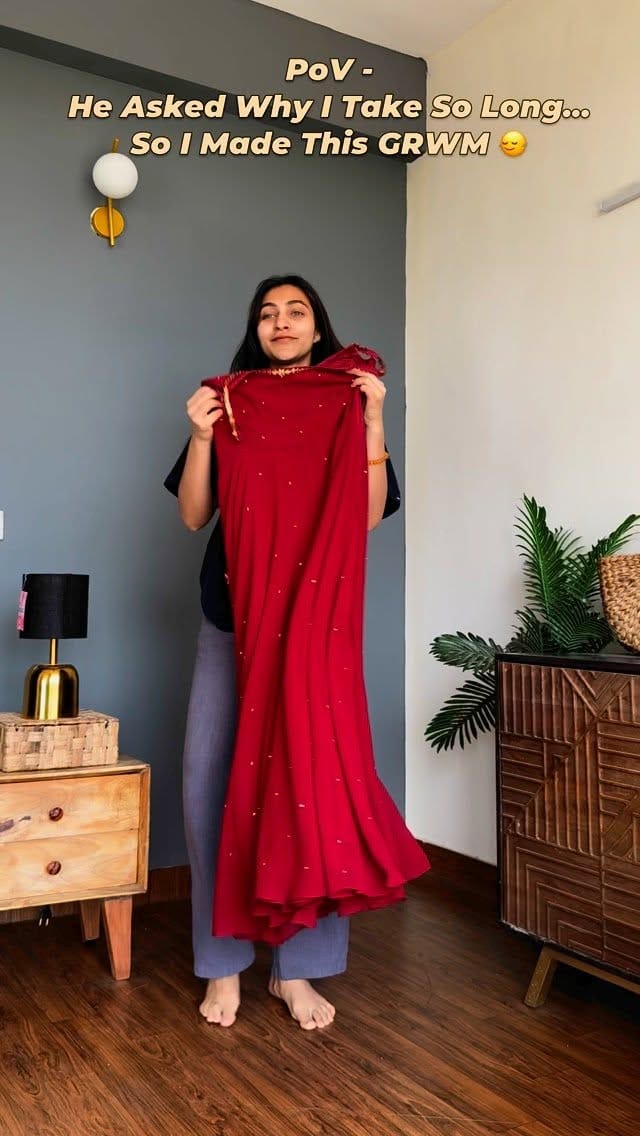 After watching this video - He said ‘ ye to 10-15 min me ho jayga’ and then finally I gave up 🥲🥲 
Details - 
Outfit - @bhaviniparis 
Earrings - @ayinaa.accessories 
Makeup details - 
Concealer - @swissbeauty and @lorealparis 
Perfume - @zara 
Foundation - @maybelline 
Mascara and eyebrow brushes - @kaybykatrina 
Blush - @flowerbeauty 
Makeup fixer - @smashboxindia 
Lip gloss - @glowra_india 
#reels #trending #makeup #grwm #ethnic #anarkali #kurtaset #kurtasets #ethnicwear #fashion #trendingreels #makeuptutorial