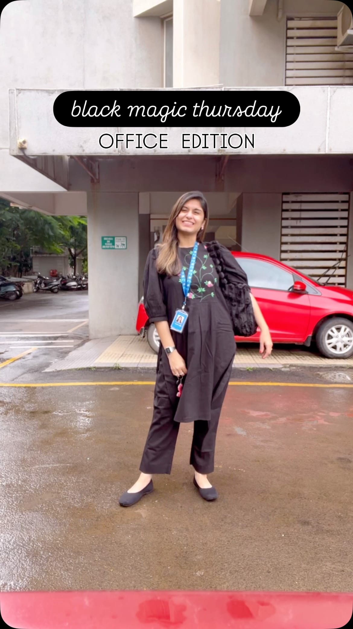 black magic thursday - OFFICE EDITION 🖤✨
.
In love love love with this hand embroidered outfit from @pastel_dhaaga 
.
Outfit: @pastel_dhaaga 
Handbag: @vybes_lifestyle 
Ballerinas: @neemansofficial 
Earrings: @savana 
Eyes: @maybelline_ind 
Lips: @simplynam.beauty 
.
COMMENT FOR LINKS 🔗