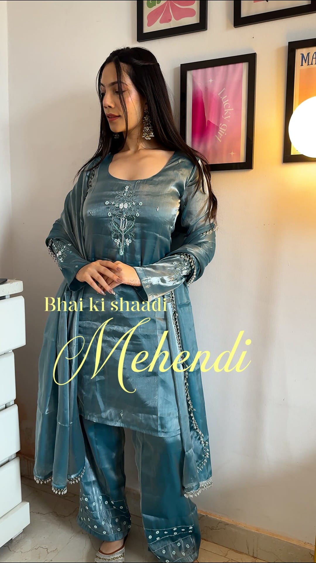 Mehendi look ✋🏻💕
(Comment for the outfit link) 🔗 
Wearing @houseofmira.in 
Earrings @rubans.in 
Wedding look, mehendi look book, outfit ideas, festive outfit, indian wear, trendy fashion, mehendi outfit , indian fashion, wedding season, indian wedding, grwm for wedding, wedding guest style, sharara set