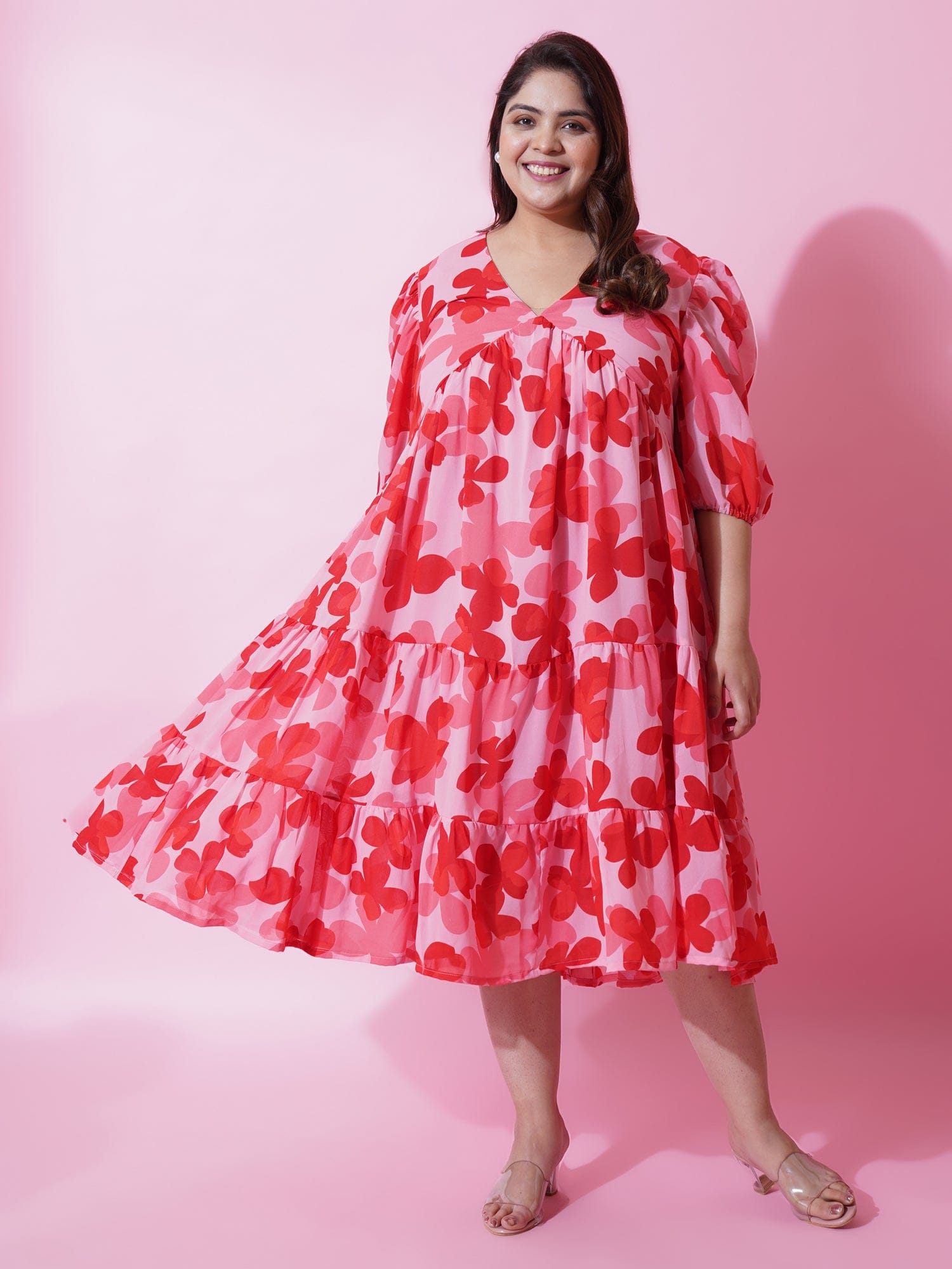 Women Floral Georgette Sweetheart Neck Puff Sleeves Tiered Maxi